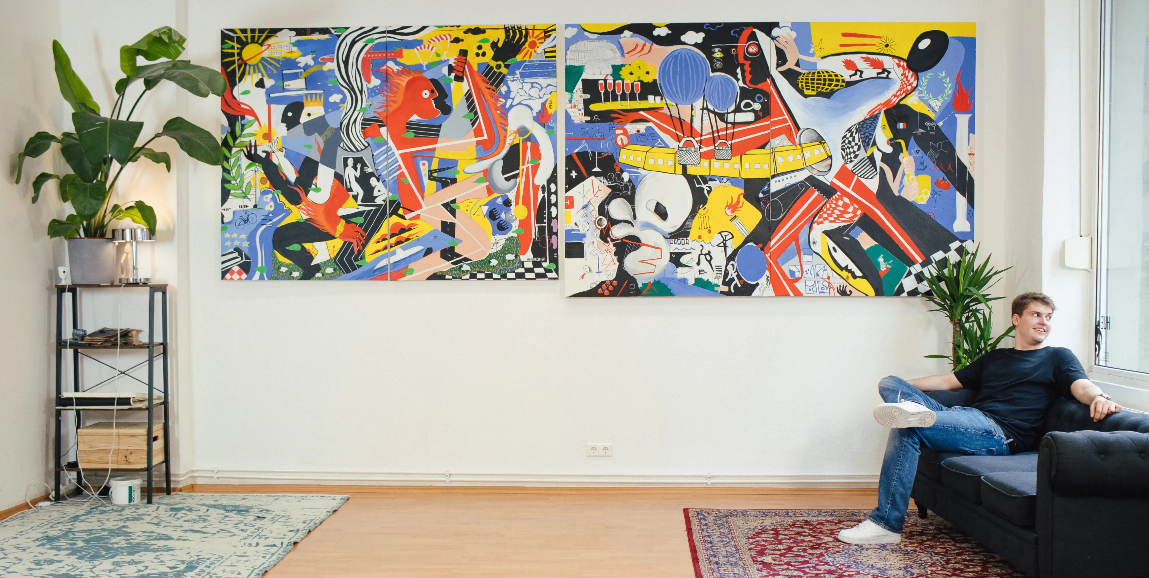 David Herbrechter in his Berlin studio, surrounded by paintings
